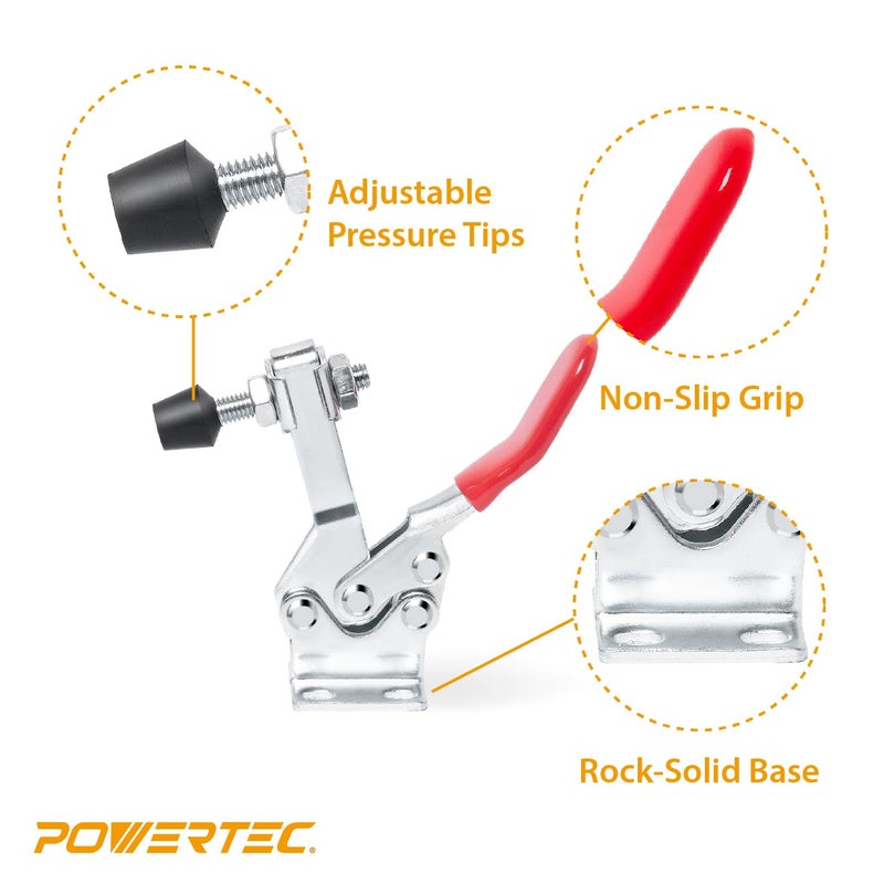 POWERTEC 2PK Toggle Clamp, 500 lbs Holding Capacity, 225D Quick Release Horizontal Clamps w/Antislip Rubber Pressure Tip for Woodworking Jigs and Fixtures, Welding, Drill Press, Crosscut Sled (20325) - Image 5